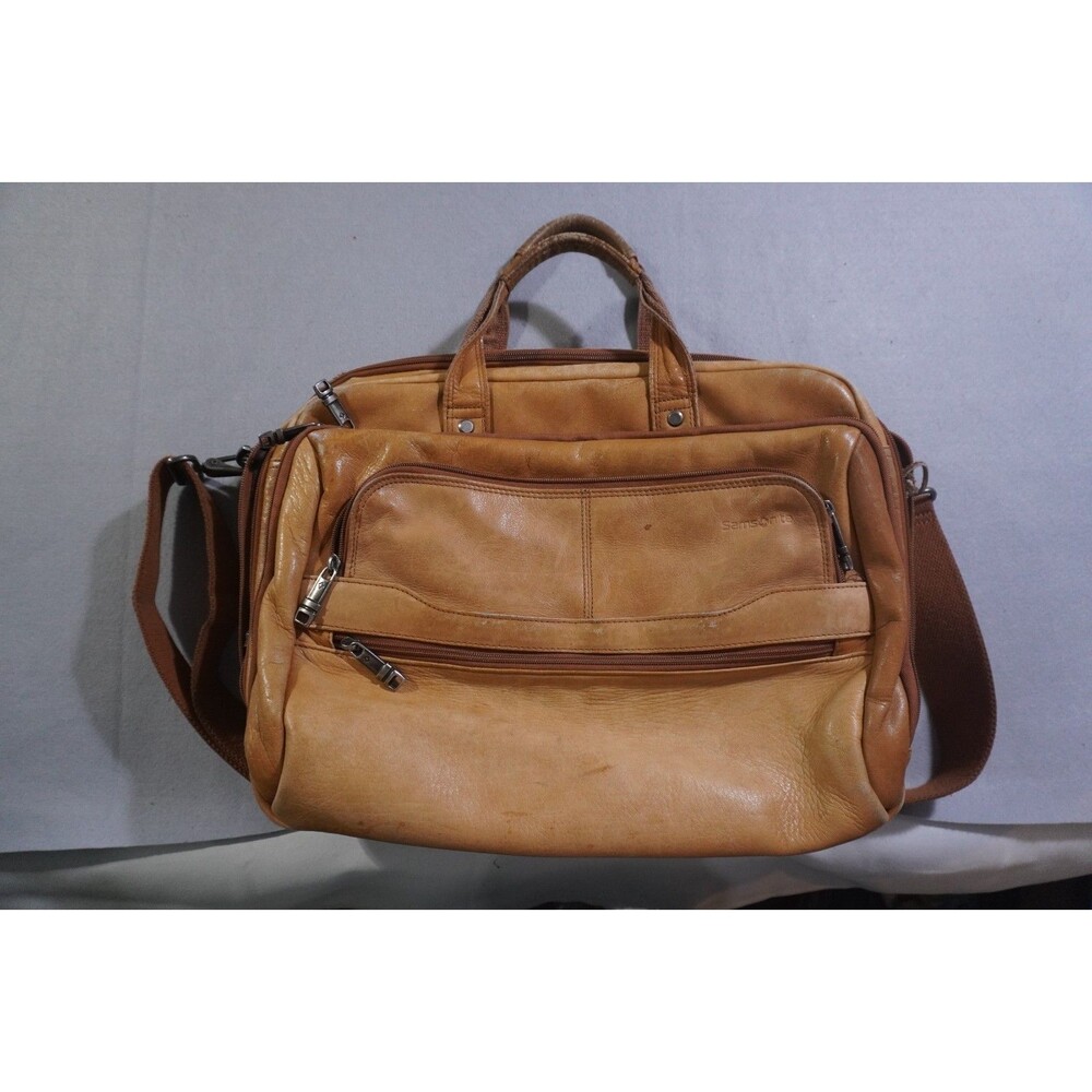 Samsonite Tan Leather Briefcase 17" Laptop Messenger Bag - Long Adjustable Strap